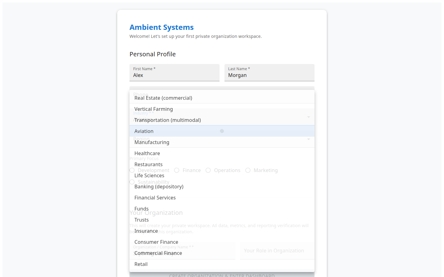 Onboarding industry selection for Aviation
