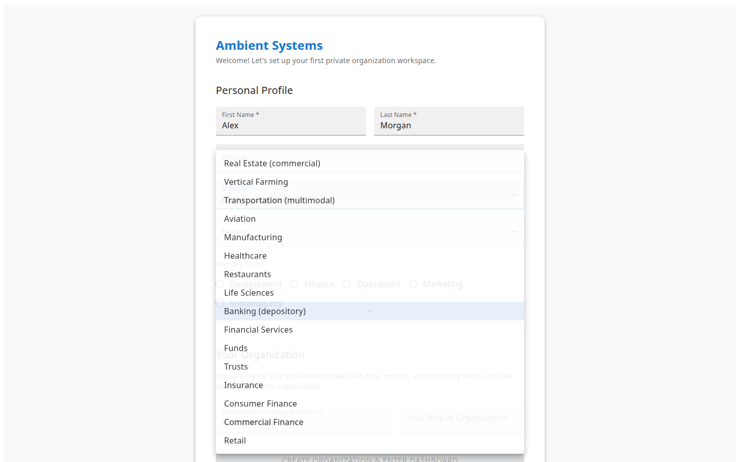 Onboarding industry selection for Banking (depository)
