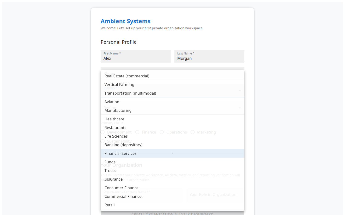 Onboarding industry selection for Financial Services