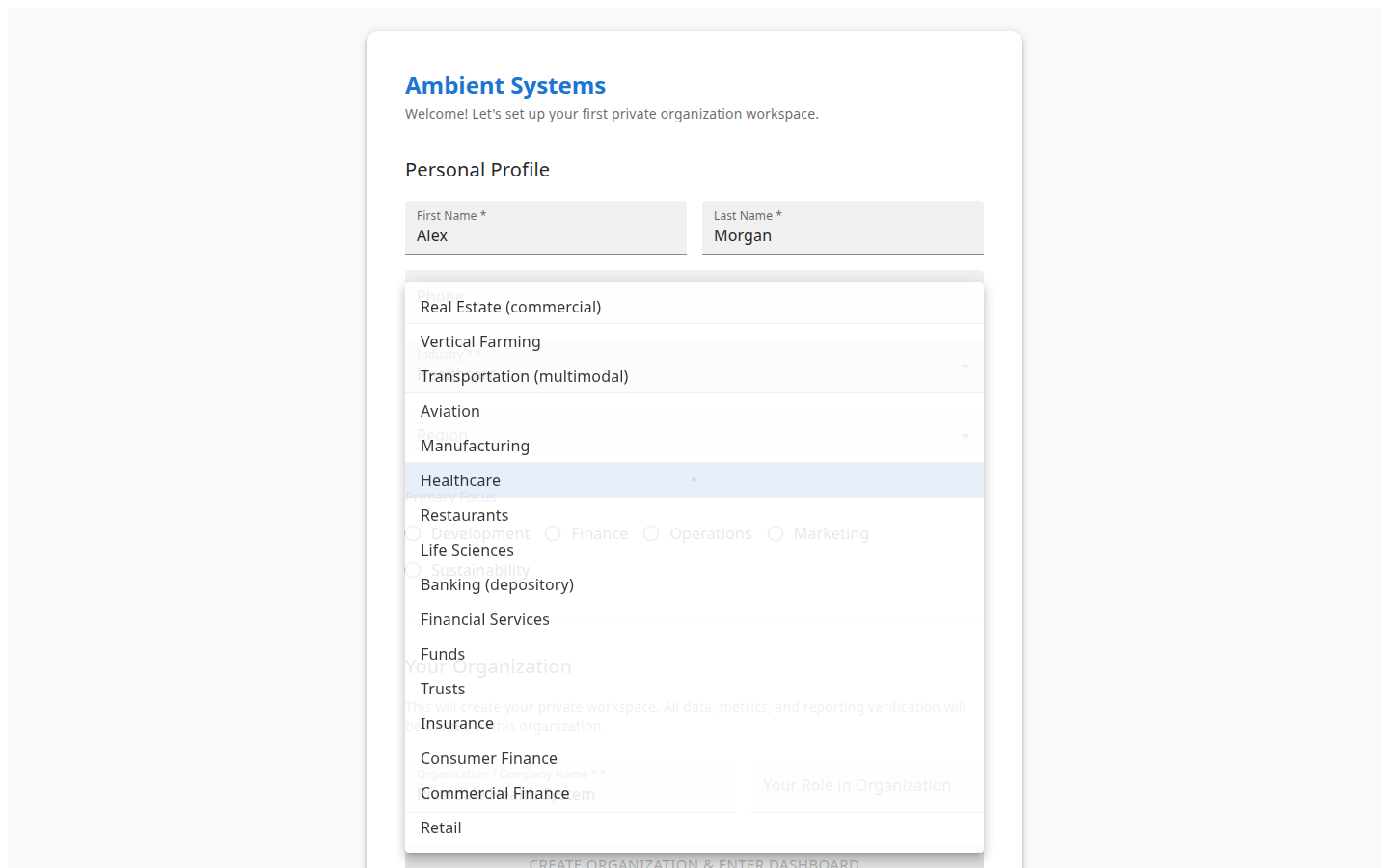 Onboarding industry selection for Healthcare
