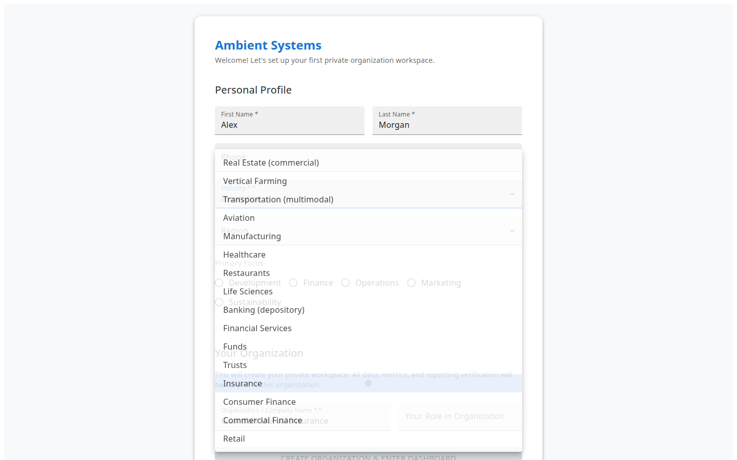 Onboarding industry selection for Insurance