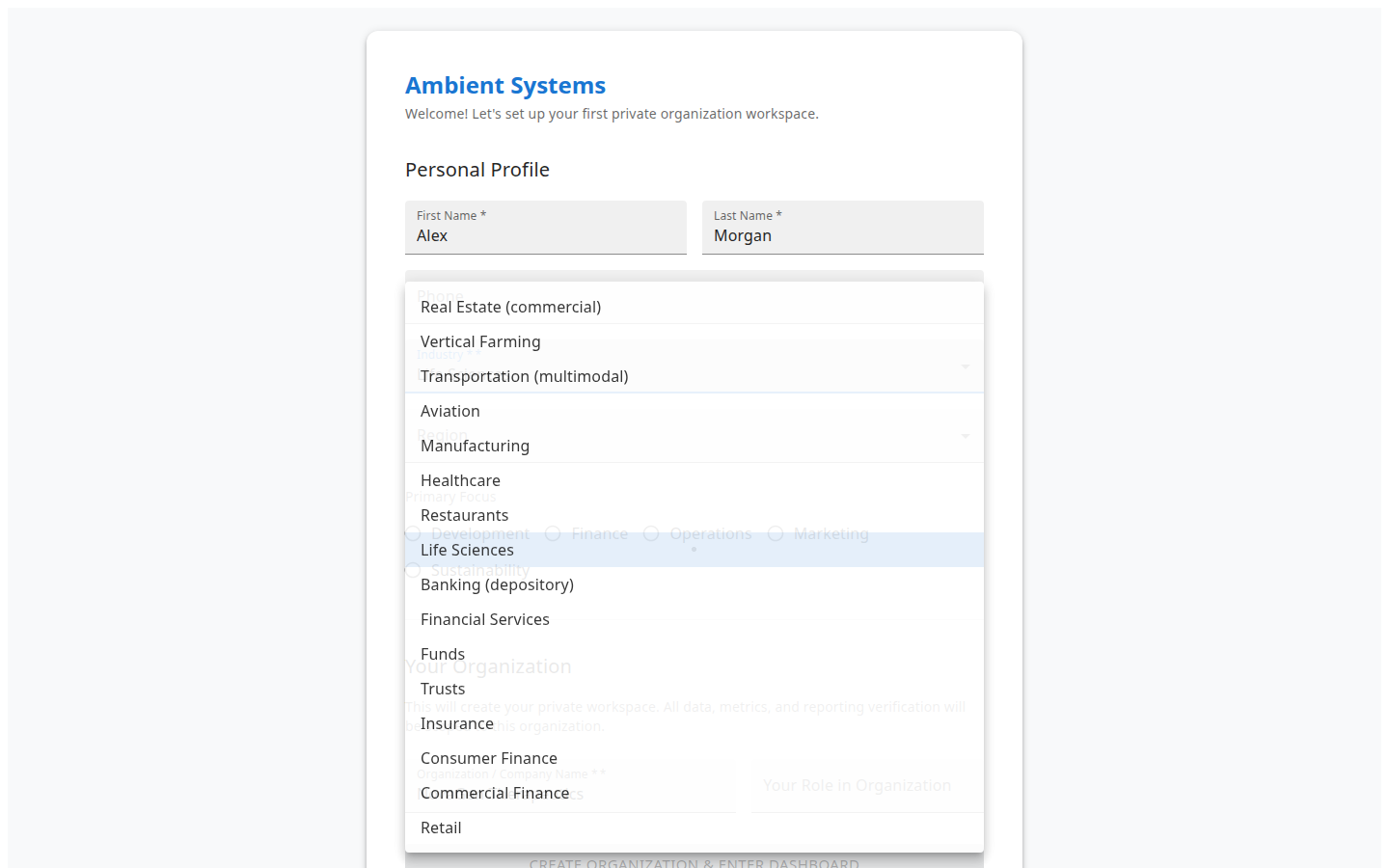 Onboarding industry selection for Life Sciences