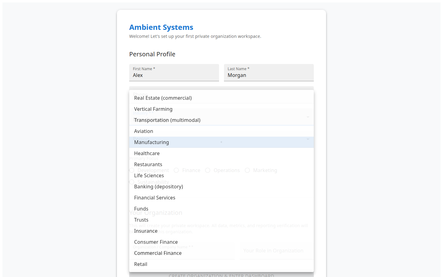 Onboarding industry selection for Manufacturing