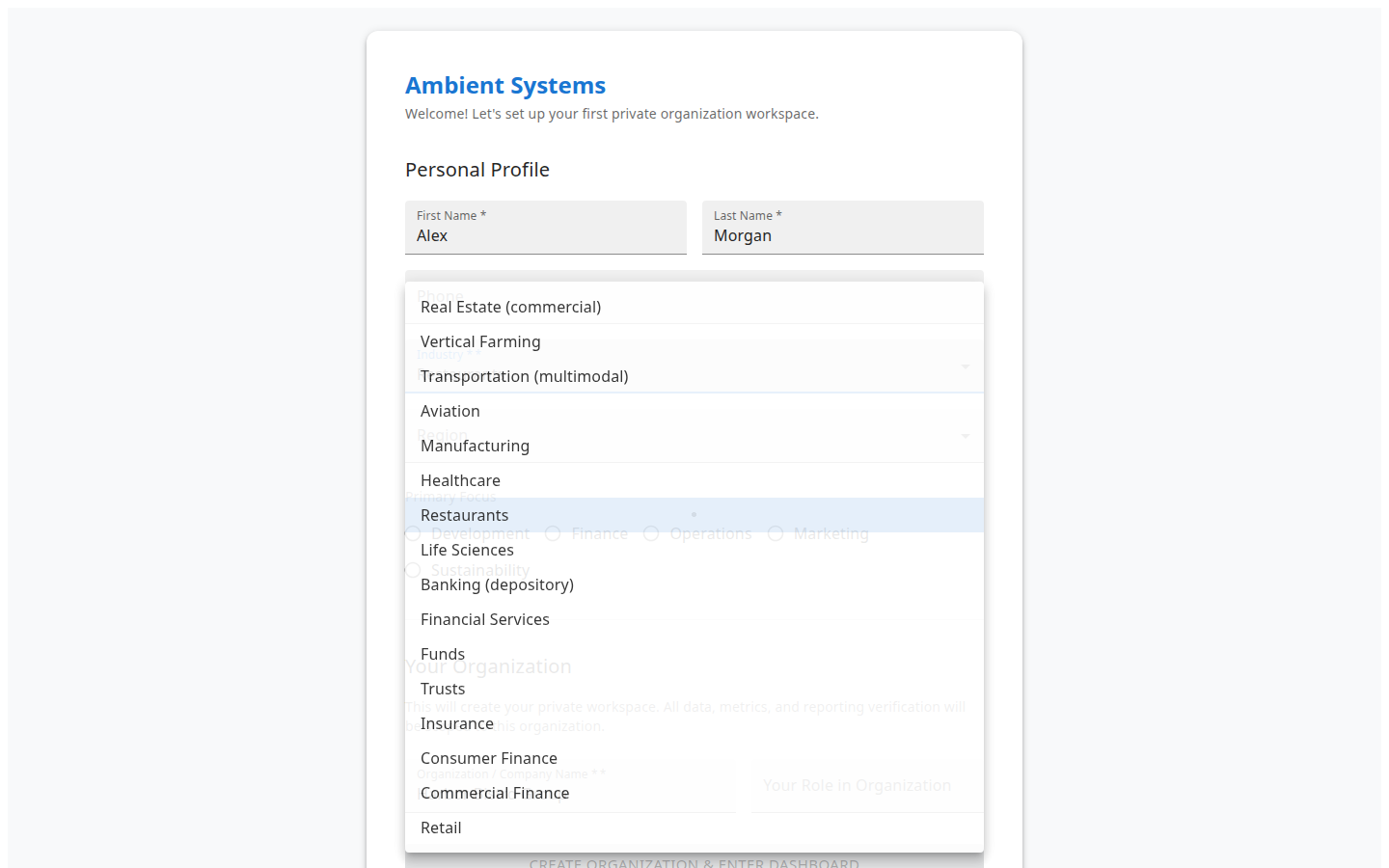 Onboarding industry selection for Restaurants